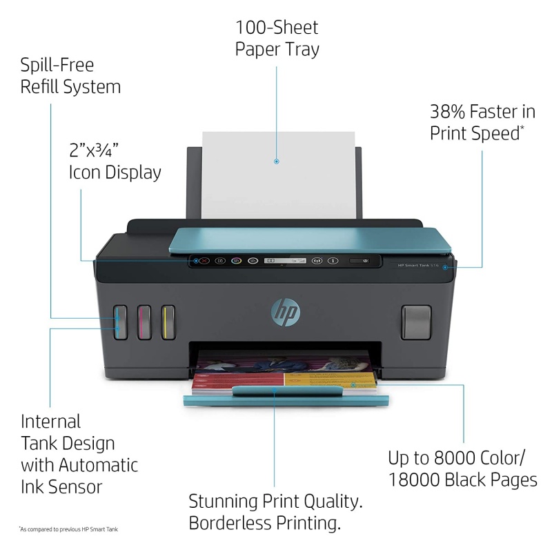 HP Smart Tank 516 All-in-One Wireless Integrated Ink Tank Colour Printer, Scanner and Copier, High Capacity Tank (18000 Black and 8000 Colour) with Automatic Ink Sensor - Image 6