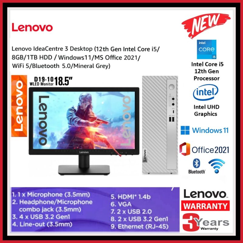 Lenovo IdeaCentre 3 Desktop (12th Gen Intel Core i5 8GB/1TB HDD/Windows 11/MS Office 2021/Interated UHD Graphics 730/WiFi 6/Bluetooth 5.2/Mineral Grey) - Image 5